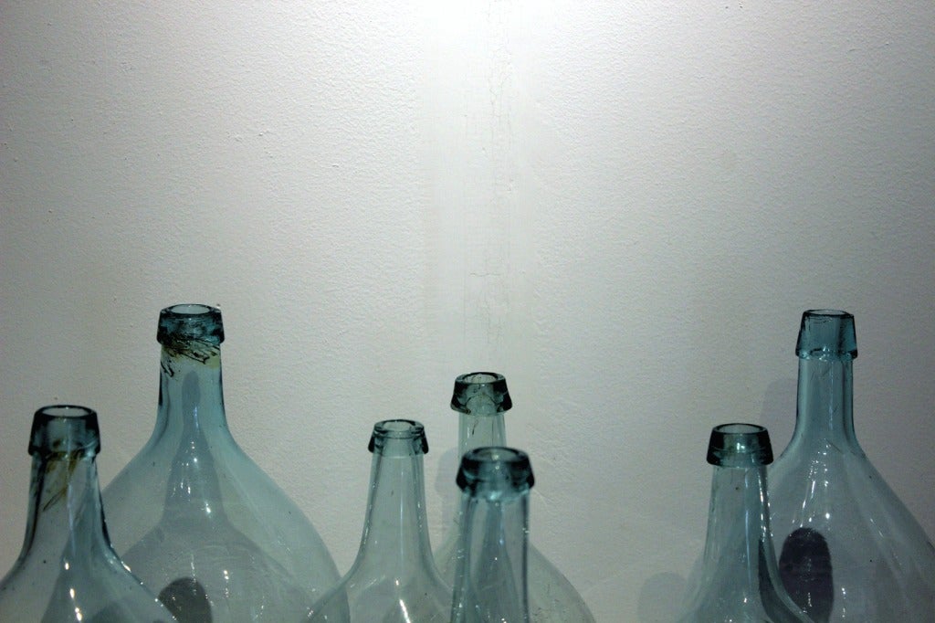 19th Century Collection of 7 Aquamarine Blown Glass Bottles