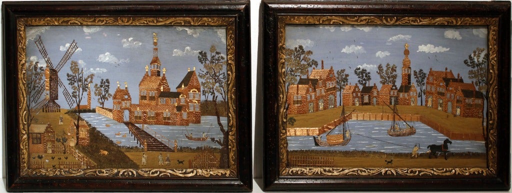 Outstanding pair of detailed and whimsical pictures of gouache and straw work, depicting provincial life along a river, with many people, birds, waterfowl and animals, with boats, public buildings, townhouses and a windmill. Dutch, 18th century,