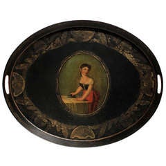 Antique Tole Painted Tray: Unusual Subject Mid 19th Century