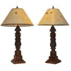 Pair Carved Wooden Lamps, Hand-painted Shades, 19th C., American