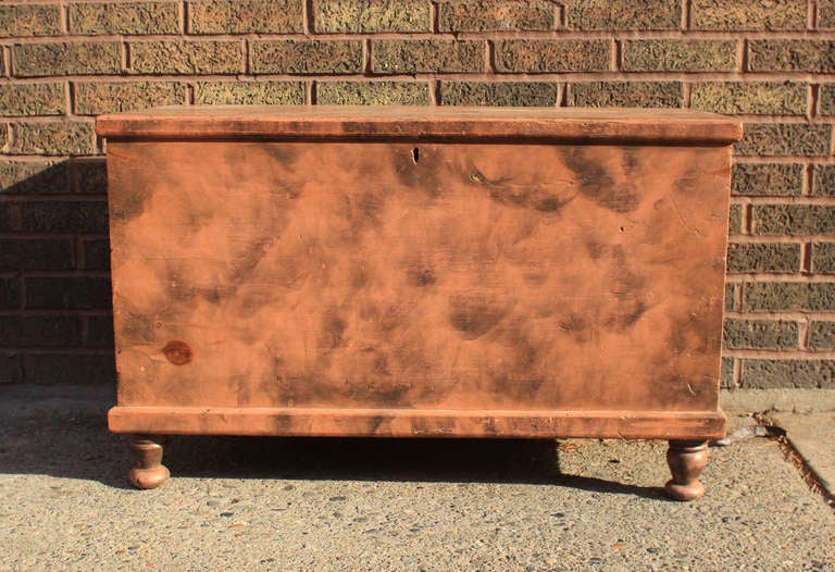 Folk Art American Blanket Chest in Original Salmon Paint with Smoke Decoration For Sale