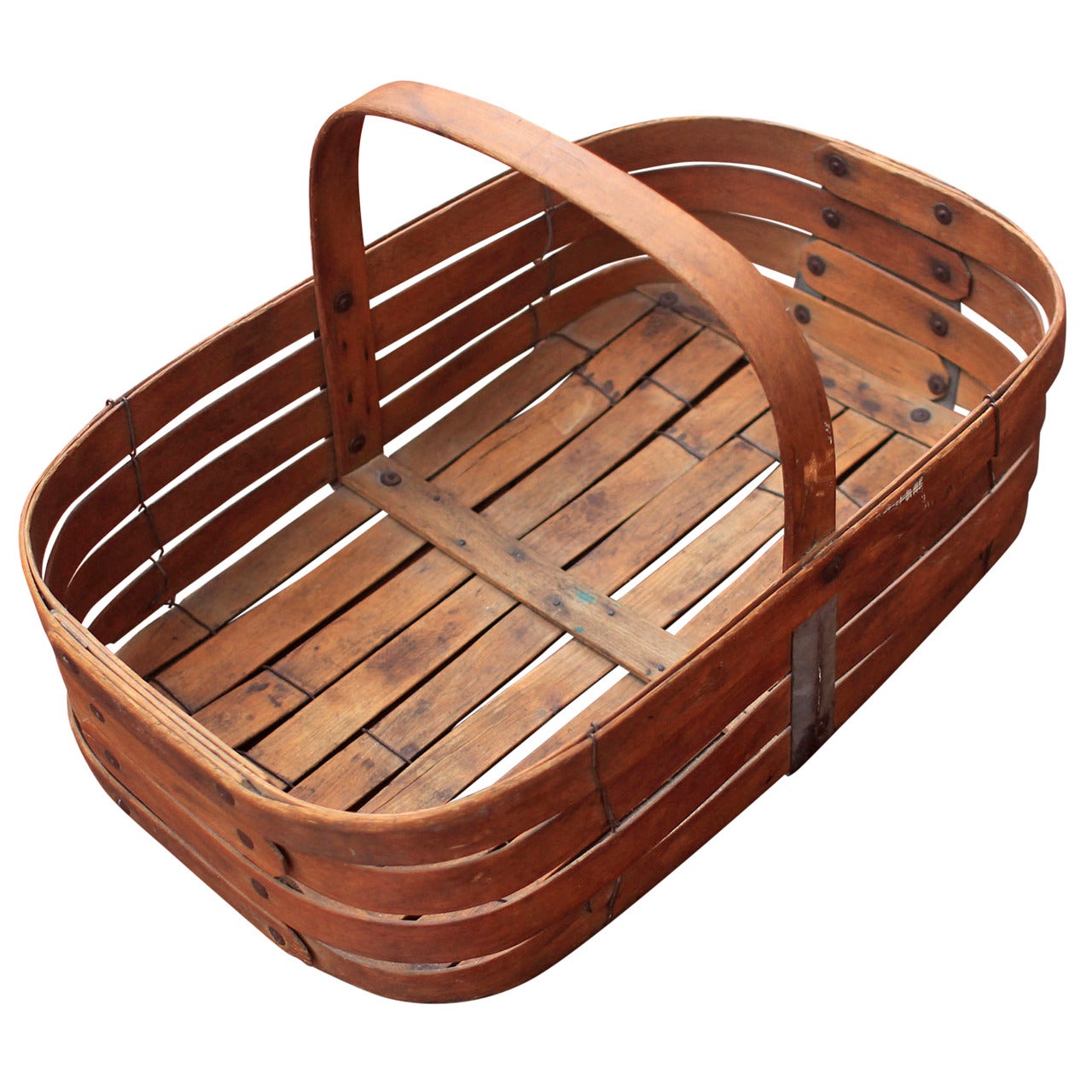 Large Slatted Wood Basket, Late 19th Century, American For Sale