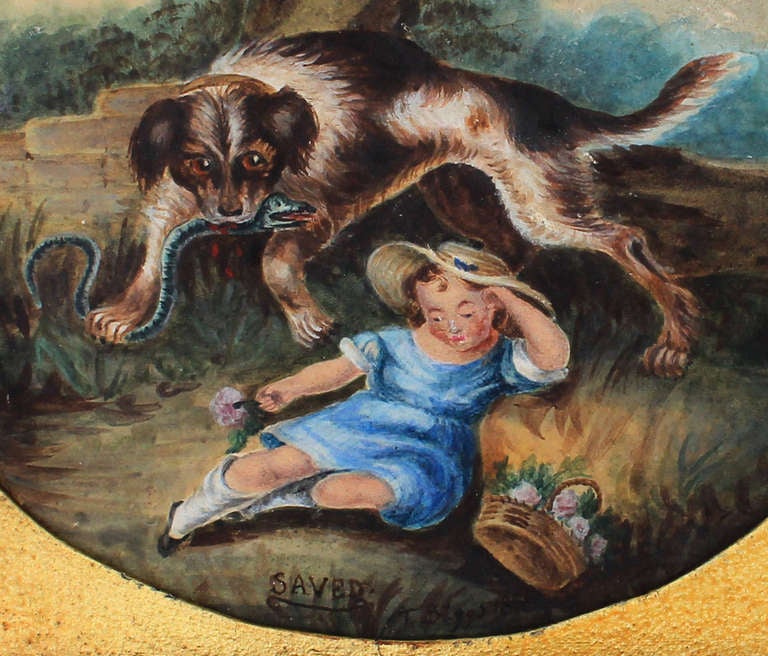 Folky, miniature watercolor entitled "SAVED" and depicting a young girl with her basket, resting under a tree, and unbeknownst, a dog has protected her by killing a large snake. There is a humorous contrast between the endearing little