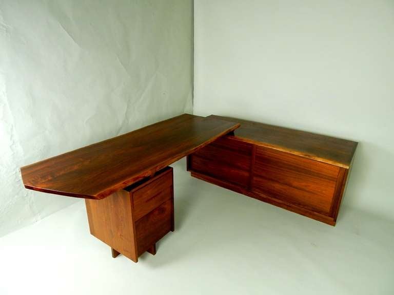 Mid-Century Modern Walnut Pedestal Desk with Credenza by George Nakashima