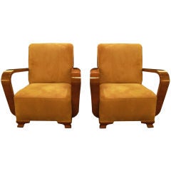 Pair 1930's Art Deco Suede & Wood Club Chairs