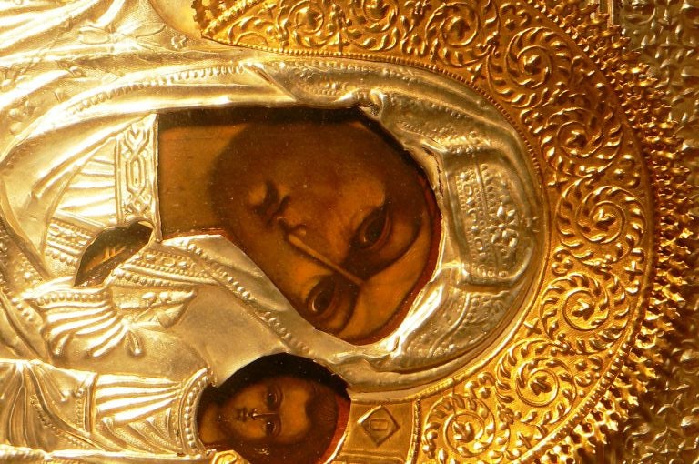Gilt Byzantine Style Painting of Madonna & Child - Russian Icon