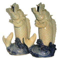 Pair of Antique Chinese Dragon Fish Urns