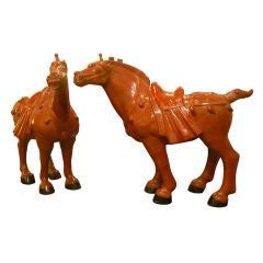 Pair of Large Cinnabar Chinese Horses