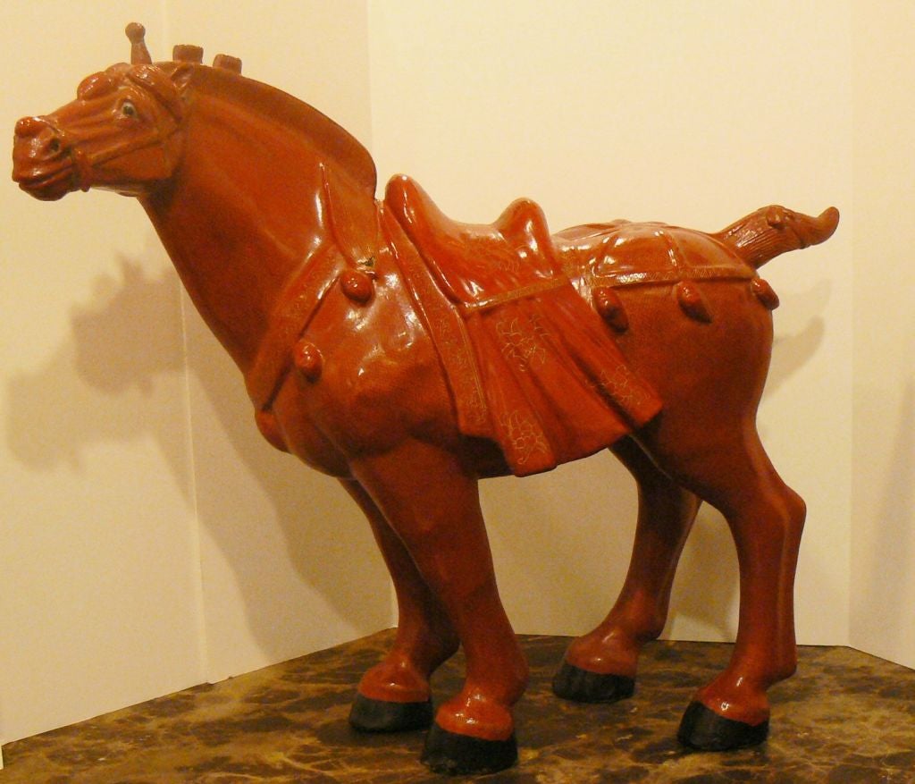 Folk Art Pair of Large Cinnabar Chinese Horses