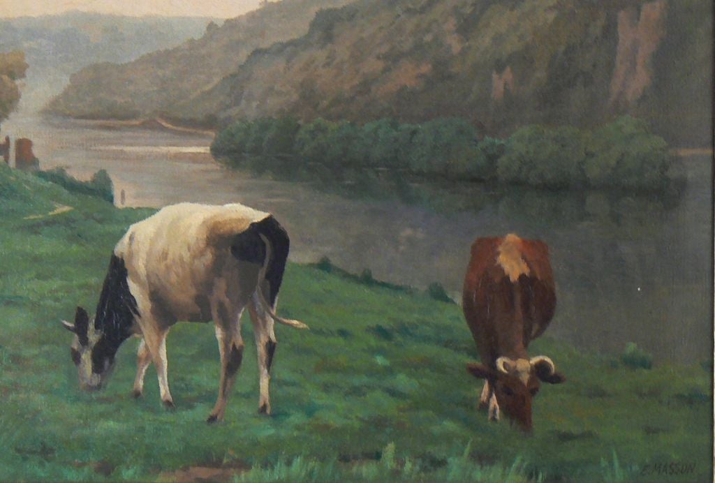 Lovely serene setting for this grazing pair with twilight approaching. There is minimal biographical information on this artist, Edouard Masson (Belgian 1881-1950) and assume that perhaps most of his small body of work is in private hands.