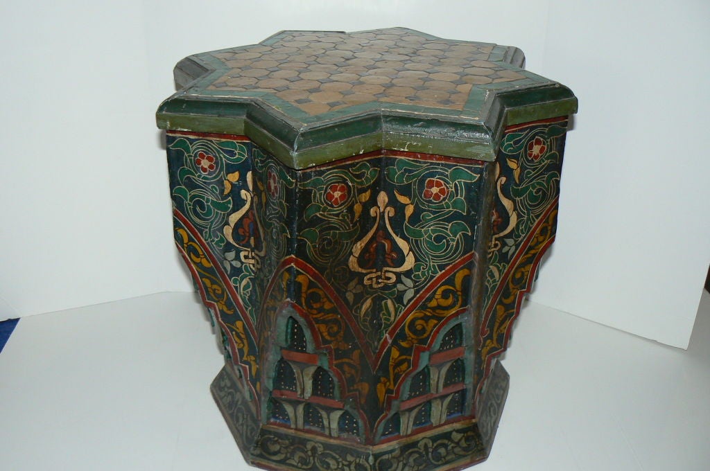 Wooden Moroccan Taboret. Hand painted with hand cut tiles on top.