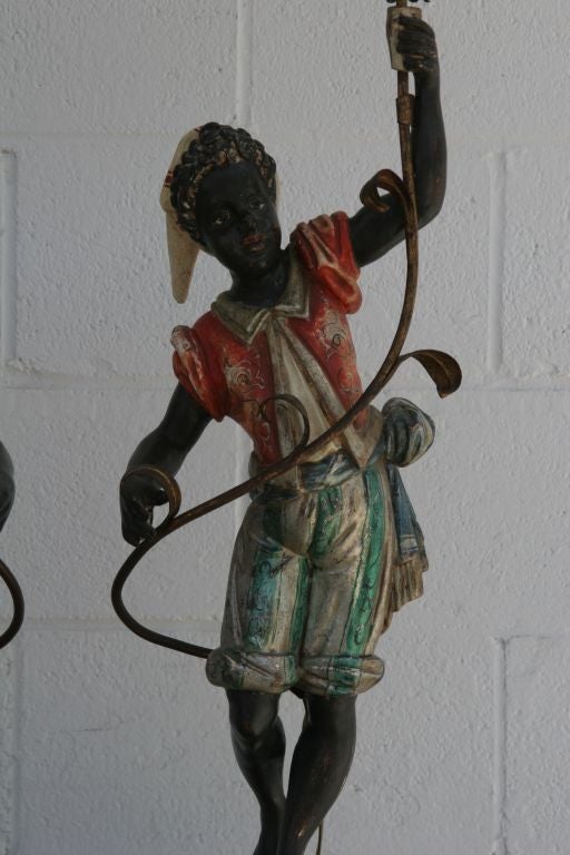 Wood Antique Venetain Blackamoor Candelabra Torcheres