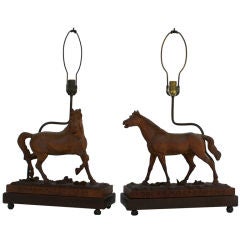Oberammergau Wooden Carved Horse Lamps (Pair)