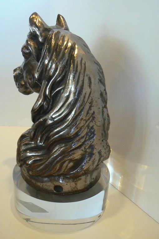 Silver Plated Horse Head Mounted On Round Lucite Base.