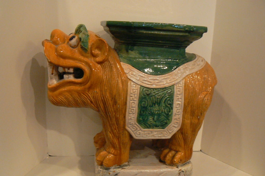 Chinese Foo Dog Garden Seat Yellow and Green with white base. Ching Dynasty.