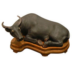 Japanese Ceramic Bull On Wooden Base