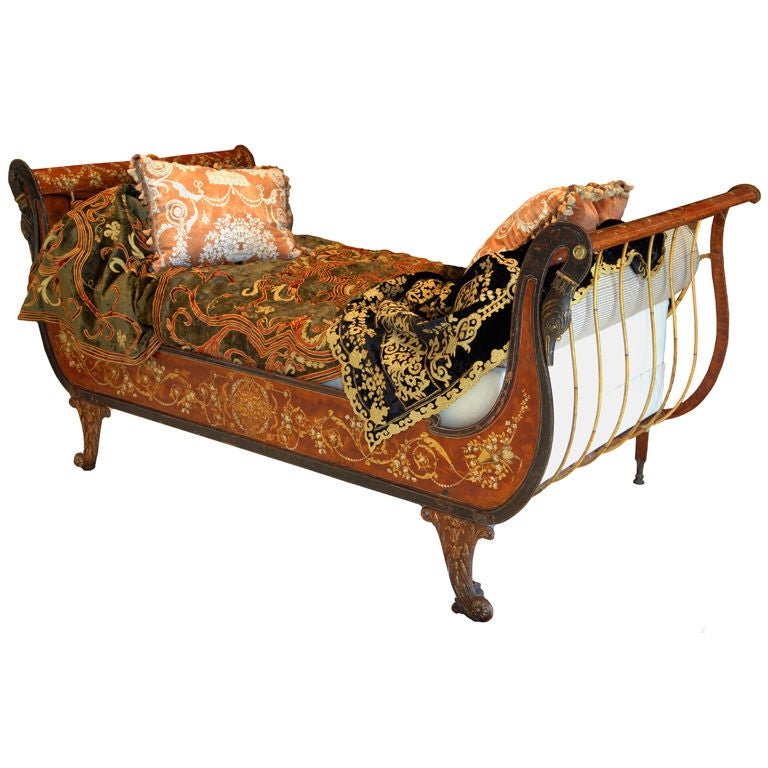 Empire Polychrome Decorated And Parcil Gilt Iron Day Bed For Sale