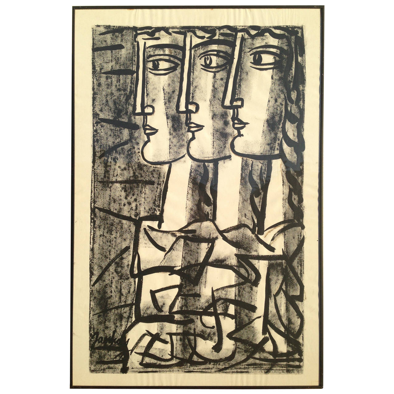 Tibor Jankay Portraits Black and White Watercolour, 1960s For Sale