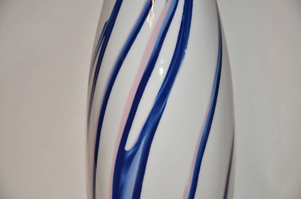 Mid-Century Modern ceramic vase, white base , pink and blue lines 1950's