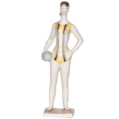 Vintage Mid-Century Modern Woman Gymnast Ceramic Figurine with Ball, 1950s