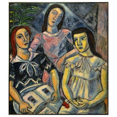 Antique Tibor Jankay Three Sisters Reading Painting, 1920-1930