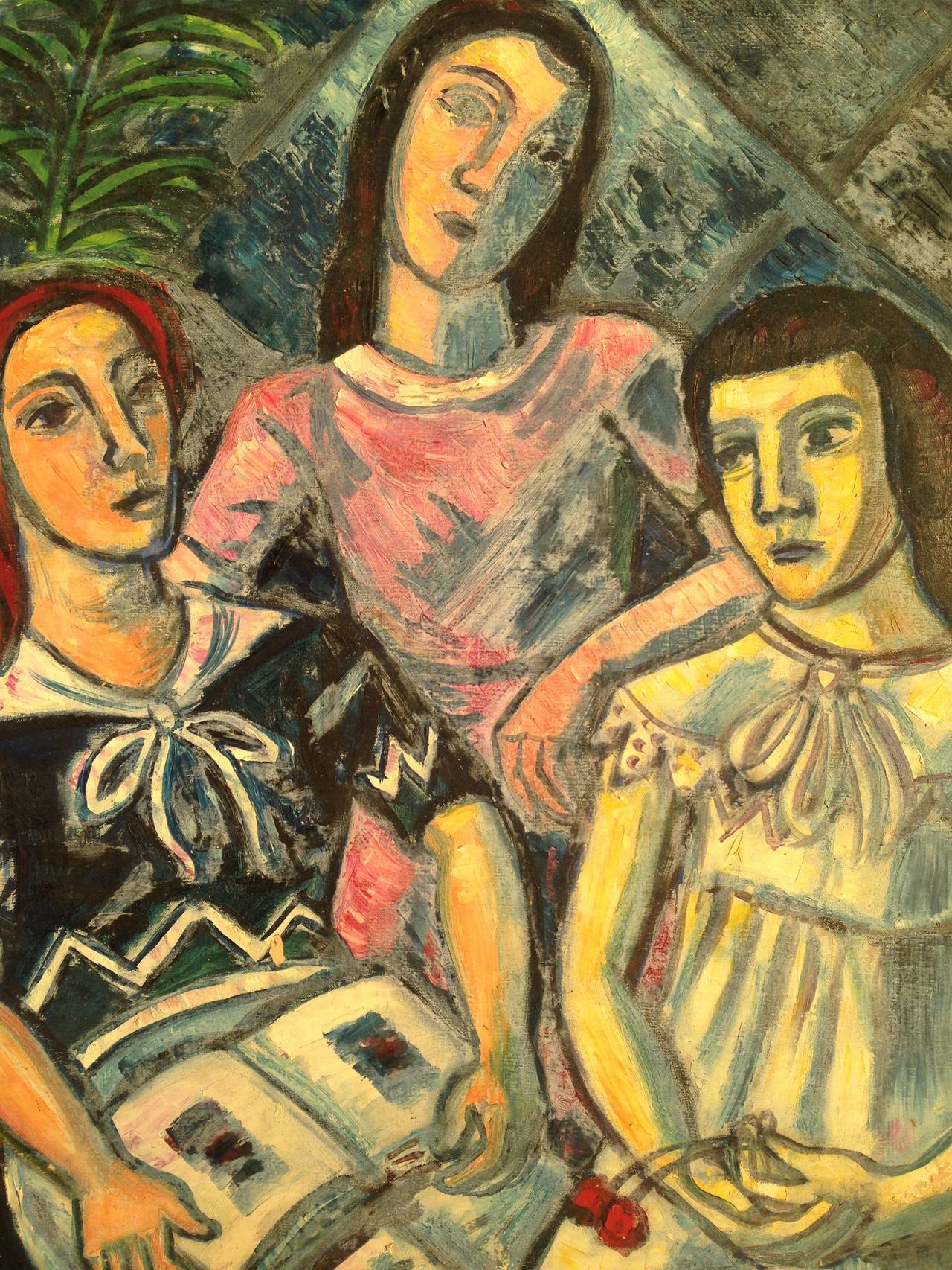 Early 20th Century Tibor Jankay Three Sisters Reading Painting, 1920-1930 For Sale
