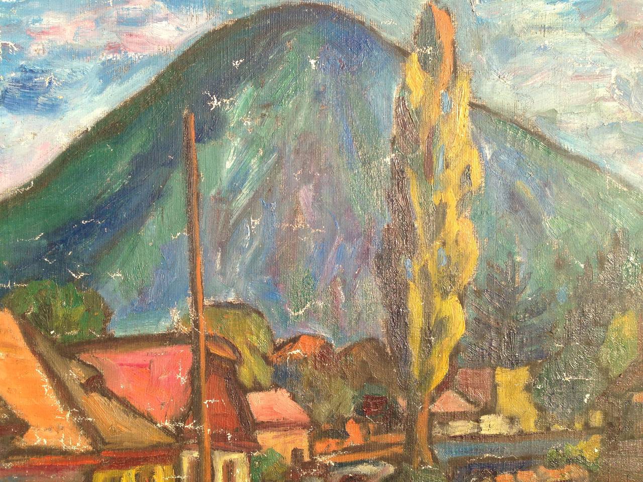 Art Deco Tibor Jankay Village Painting, 1920-1930 For Sale