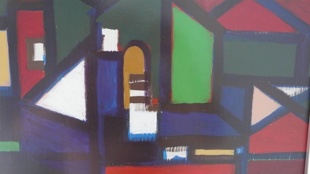 Abstract constructive buildings painting, circa 2006, oil on board, framed, signed on back. Title: 