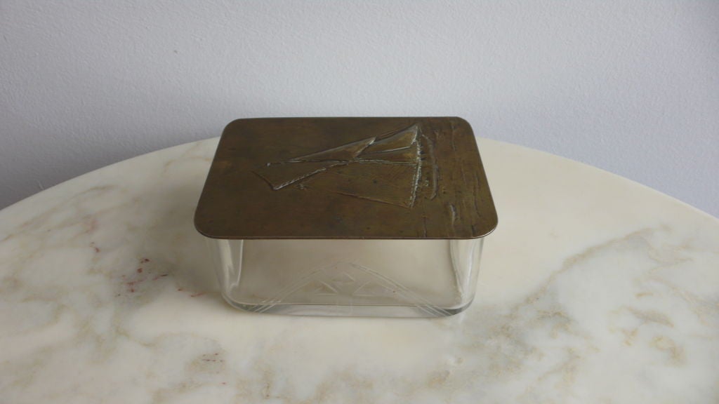 Beautiful W.M.F. hand-cut crystal bon-bon or cigarette or candy box with a brass cover with a sailboat, authentic original Art Deco piece.