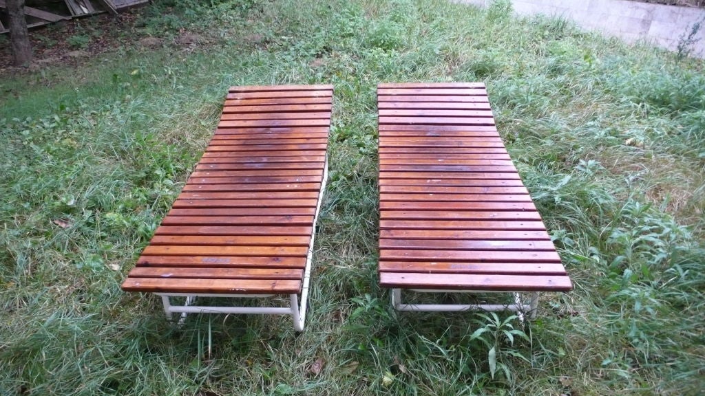 Wood Pair of 1950's Retro Sun Beds, (Set of Twelve Available) For Sale