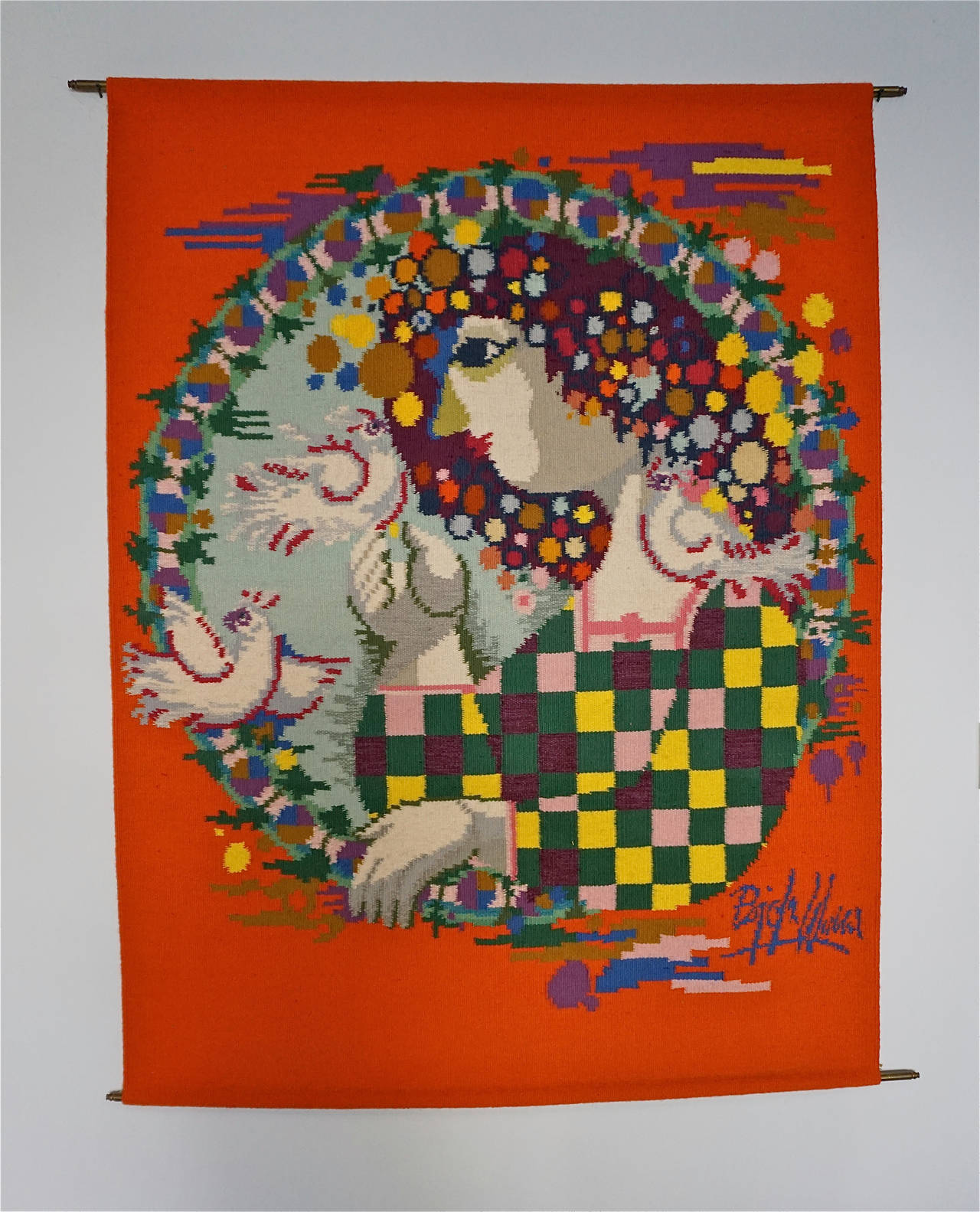 Handwoven wool tapestry by Danish artist, Bjorn Wiinblad, known for his whimsical work in ceramics, bronzes and weavings.
One of two available.