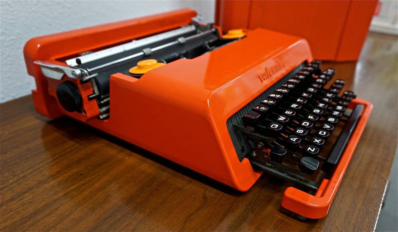 Iconic portable typewriter by Sottsass for Olivetti, Italy.
Missing one of two spacer keys, totally functional with some wear to the case.