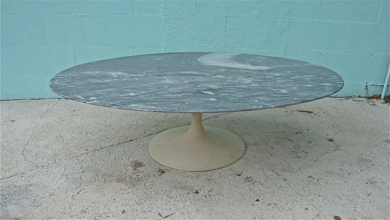 Manufactured by Knoll International. Beautifully grained gray marble,elliptical shape on pedestal base.