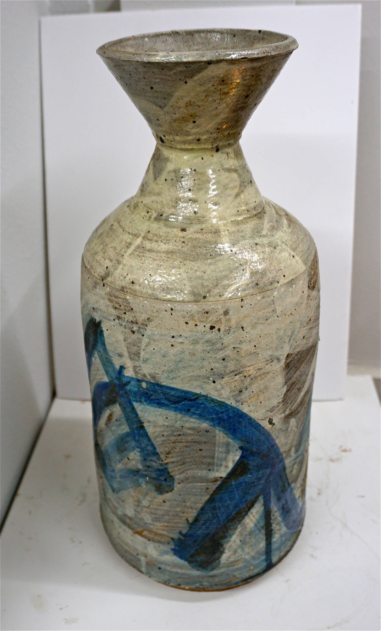 Mid-Century Modern Large Stoneware Vase with Abstract Glaze