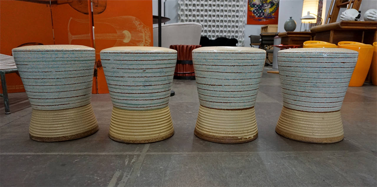 Mid-Century Modern Exceptional Ceramic Table and Stools