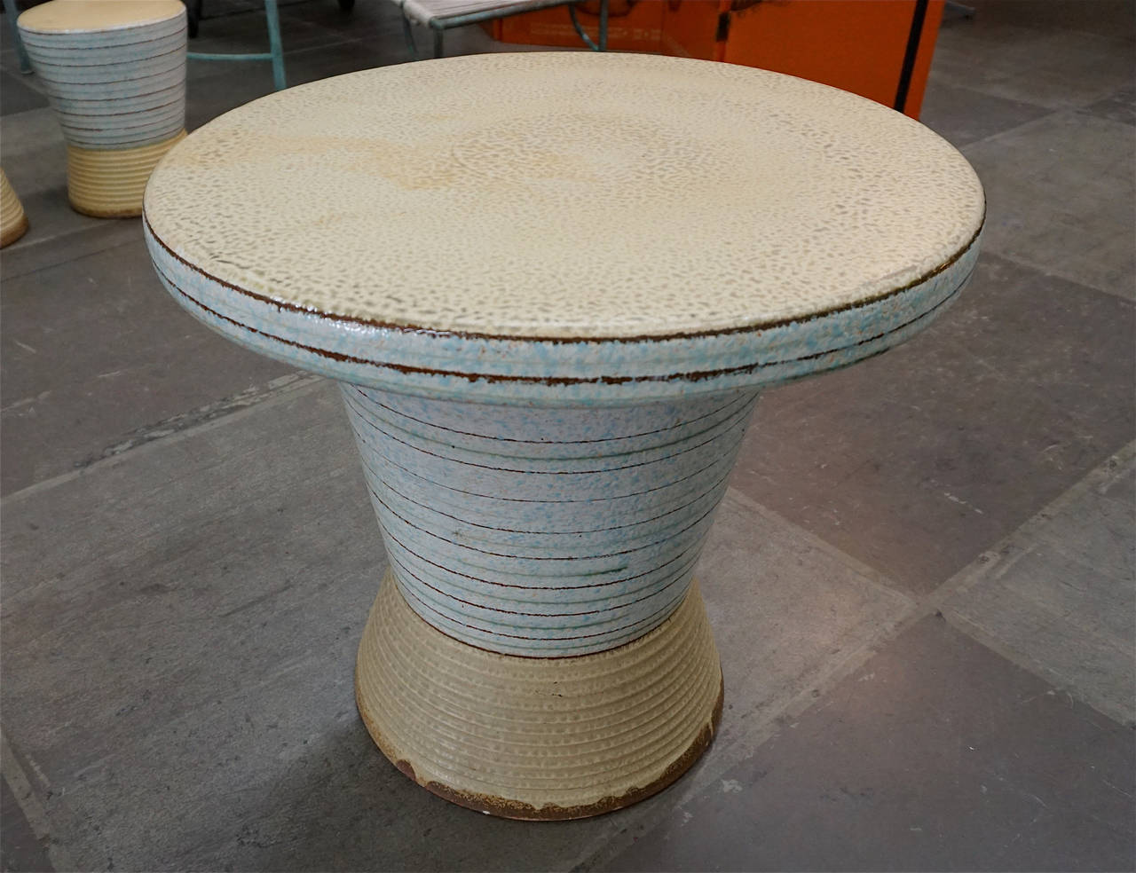 Exceptional Ceramic Table and Stools In Excellent Condition In Cathedral City, CA