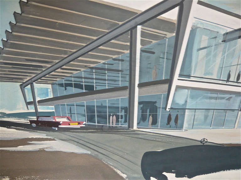 Hand painted rendering for a proposed airport terminal by Franklin Alexander.This is 1 of 10 drawings acquired from a private collection.

Framed 26