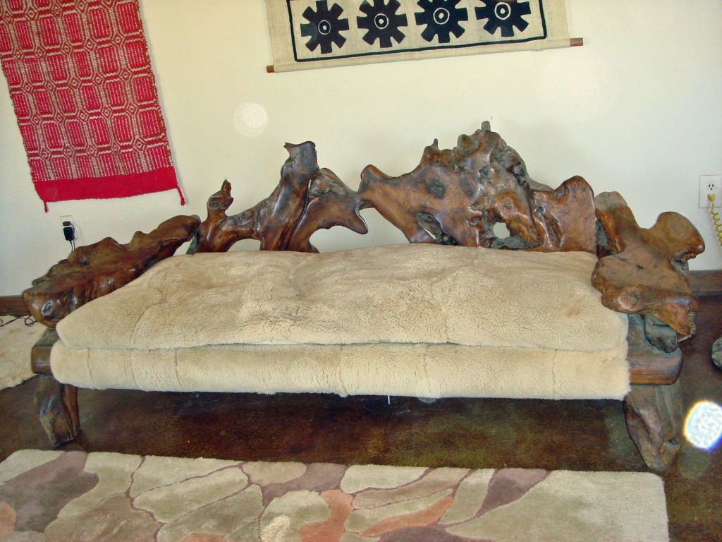 American Exceptional Burled Wood and Sheepskin Sofa