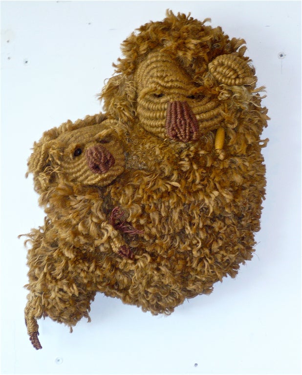 Jute sculpture of baby koala bears,Du Bourdieu is known for her work in the medium of jute macrame sculptures with animal themes,having perfected this craft since the early 1970's.
Signed on a wood bead embedded in the sculpture.Ostriches and