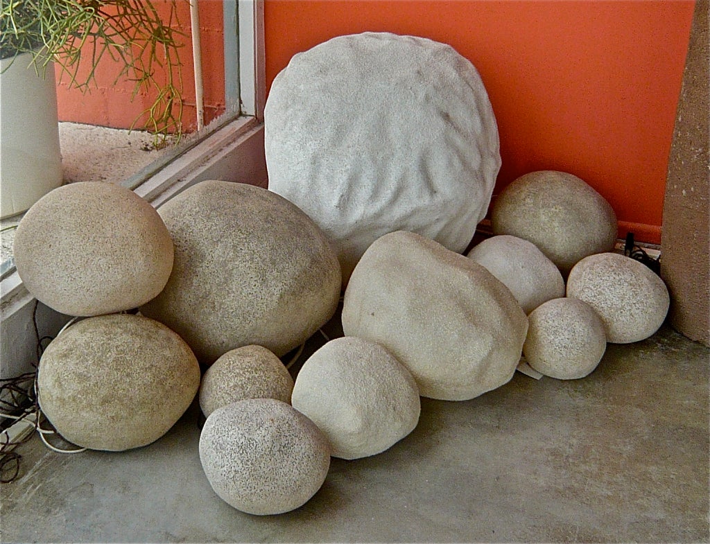 Wonderful grouping of 12 faux rock lamps designed by Andre Cazenave for Atelier-Paris and Singleton-Italy. Indoors or outdoors they make an amazing decorative statement, turned on or off.
Sizes range from 5
