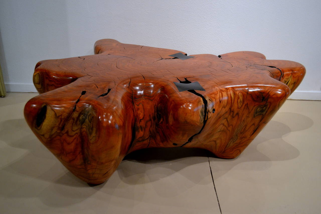 California artisan Daniel Pollock (b. 1952), created this large and impressive wood table or seat, that he carved from re-claimed wood, found in the San Bernardino National Forest. This piece, as with all of Daniel Pollock's creations is not only