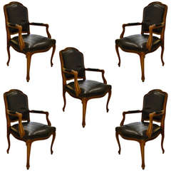 Five French Louis XV Leather Bergere Chairs