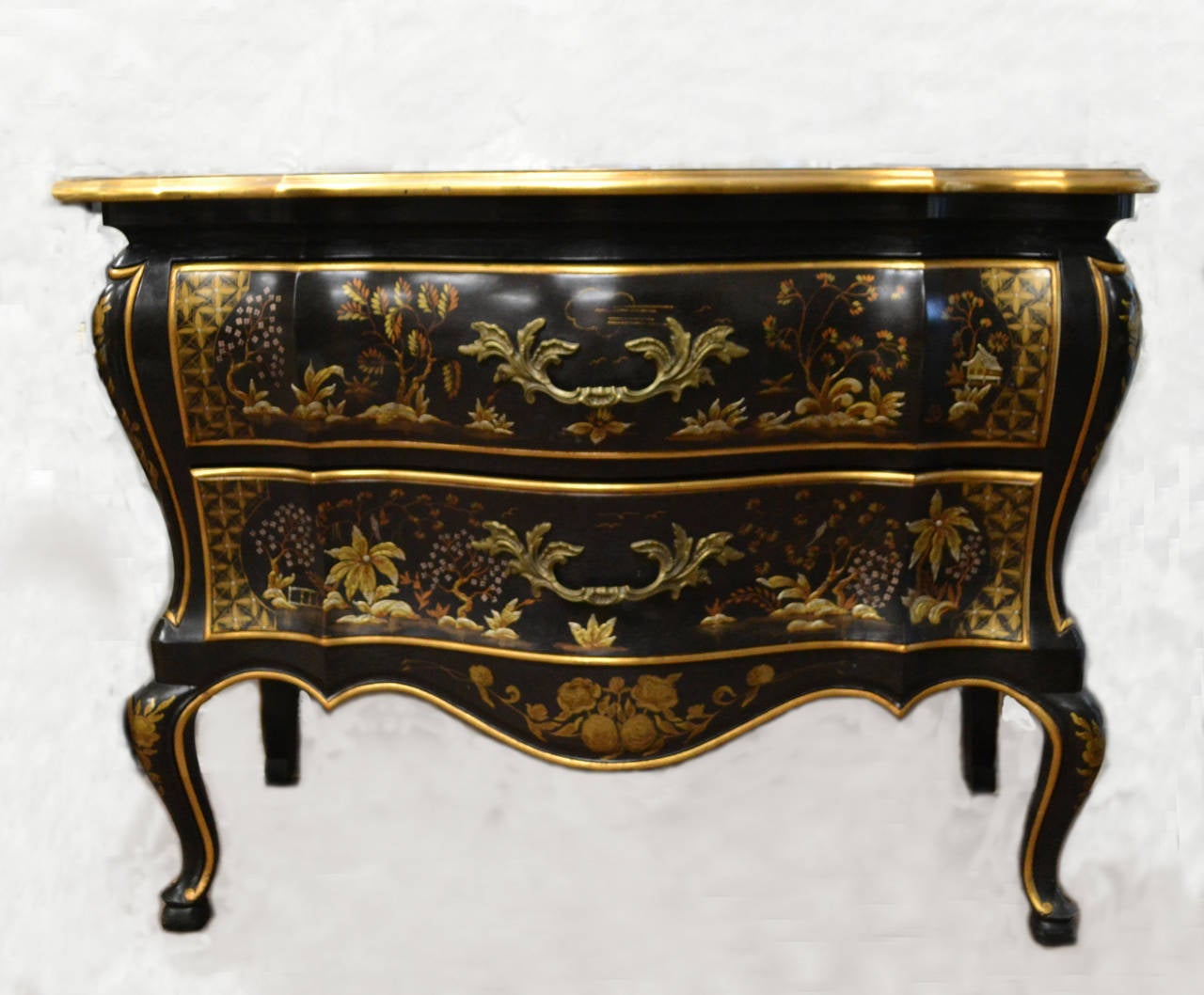 Pair of high quality John Widdicomb bombe Louis XV style commodes. Lacquered and parcel gilt finish with gilt 