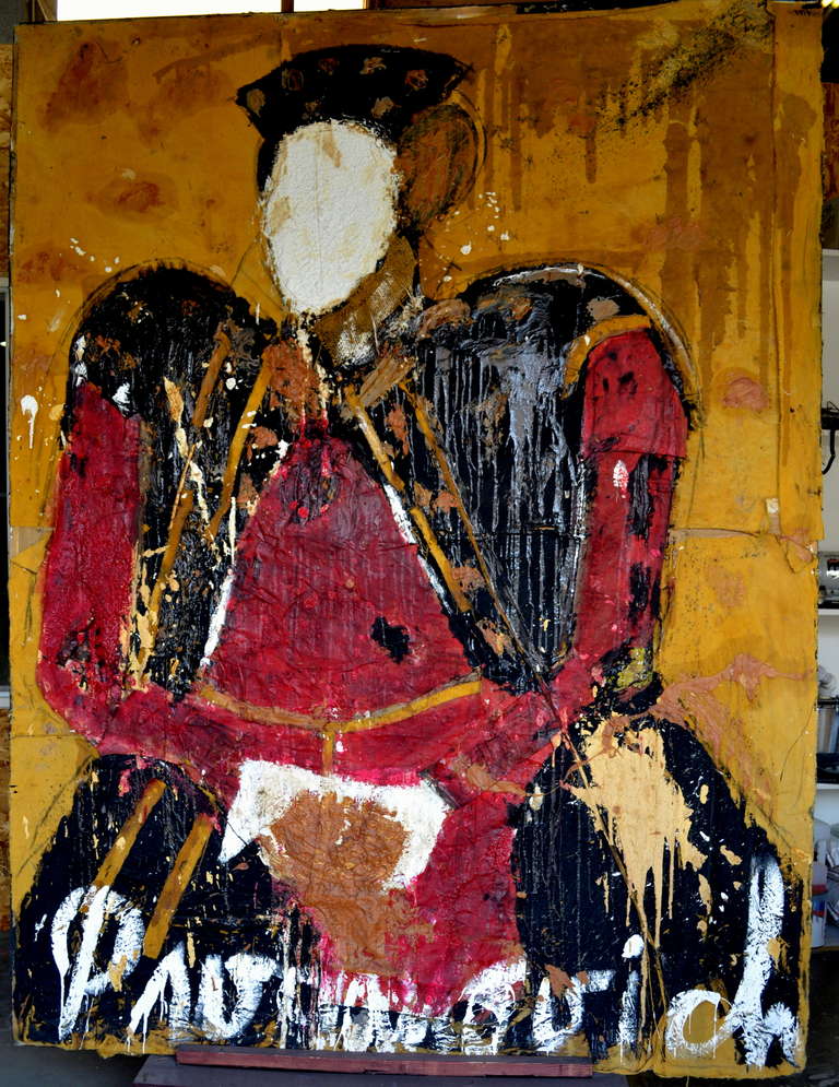 Unquestionably regal, empowering and of course royal. Painted by Russian artist Vladimir Prodanovich, titled KING TOMISLAV a mixed media painted on vintage sail cloth that the artist applies to a plywood frame structure.  This original painting