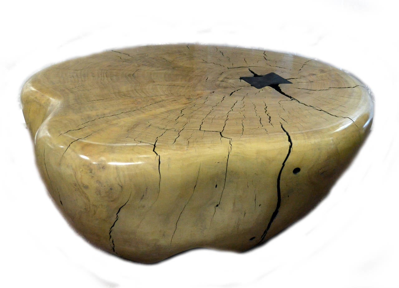 California Artist Daniel Pollock (b. 1952) took reclaimed cottonwood, found in the San Bernardino National Forest, to create this one-of-a-kind low table. 
Little embellishments are ever necessary in his sculptural wood pieces, as in the case of