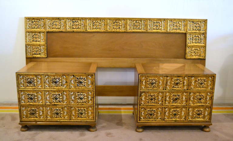 1960's JOHN WIDDICOMB King Size Headboard and two night stands with three drawers each, ornately carved with deep relief, gilded and beautifully hand painted.  The wood case itself, is a gorgeous honey pecan color and has a more modern style with