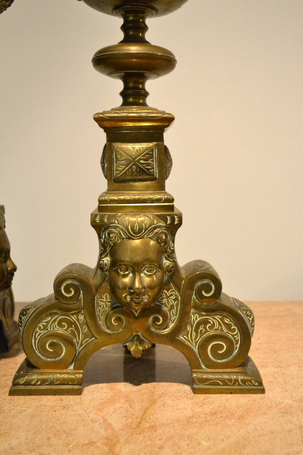 19th Century Monumental Pair of Brass Andirons with Fleur de Lys Motif For Sale