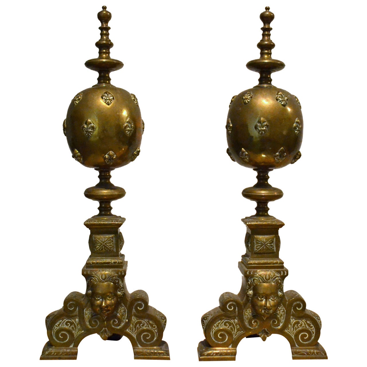 Monumental Pair of Brass Andirons with Fleur de Lys Motif For Sale