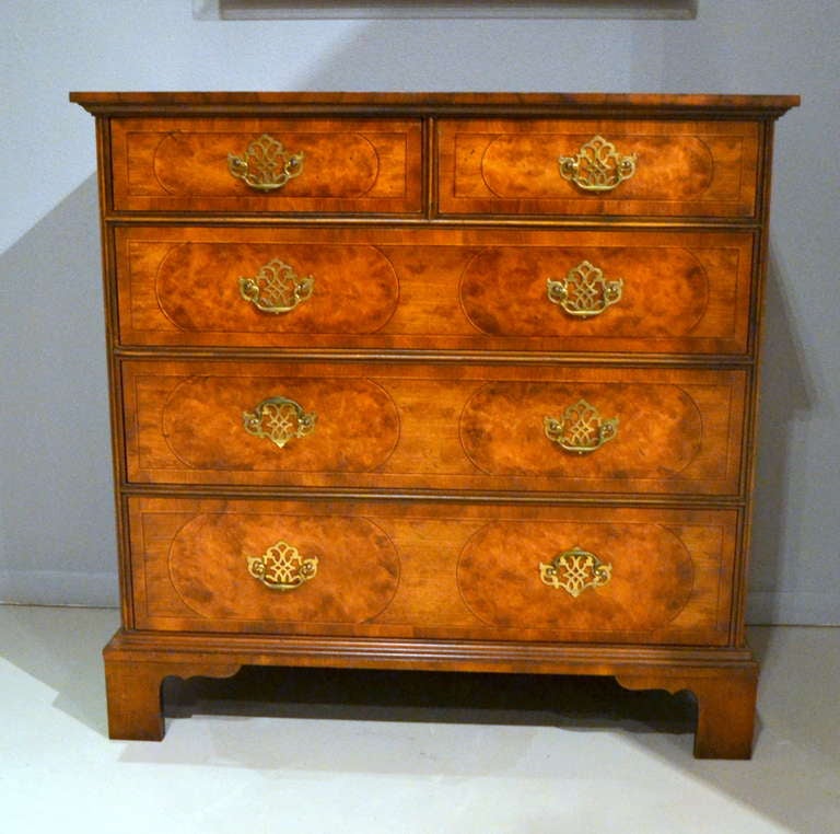 George III Style Bachelor's Chest together with five drawers and raised bracket feet, signed by its maker BAKER on a affixed label in the top left drawer.  This chest is in nearly perfect condition since its creation in the 1970's.