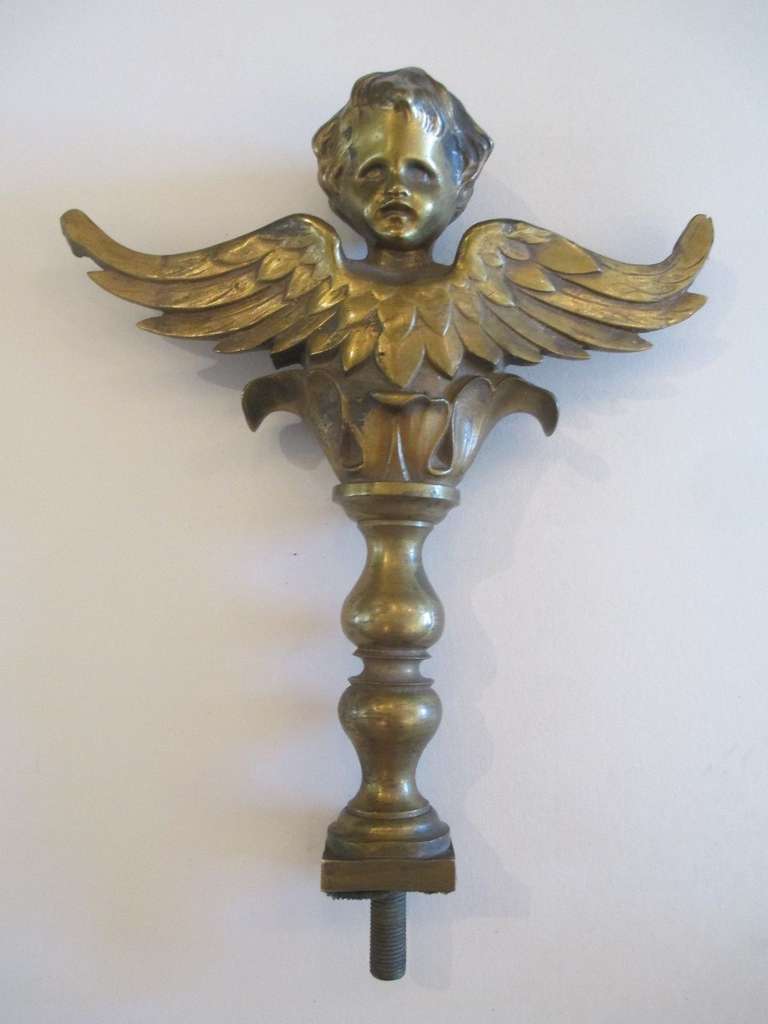 This is a large original antique, late 19th to early 20th century finial sculpture. Nice heavy solid pour of bronze or brass. Not sure what this came off of. Nice casting! I do not see any maker’s mark. Unique and looks great!  Weighs around 4